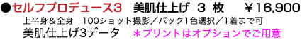 ●セルフプロデュース3　美肌仕上げ3枚 ￥16,900 上半身＆全身　100ショット撮影／バック1色選択／1着まで可 美肌仕上げ3データ　＊プリントはオプションでご用意　