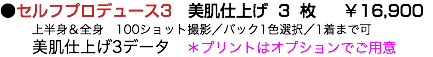 ●セルフプロデュース3　美肌仕上げ3枚 ￥16,900 上半身＆全身　100ショット撮影／バック1色選択／1着まで可 美肌仕上げ3データ　＊プリントはオプションでご用意　